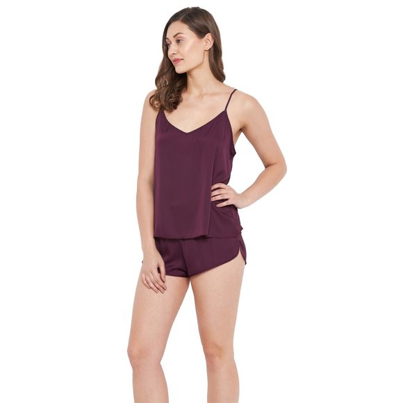 Solid Brunette Brown 2 Pcs Satin Shorts Sleepwear for Women - Picture 2 of 7